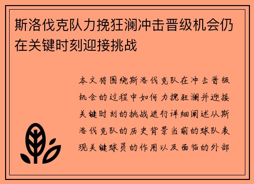 斯洛伐克队力挽狂澜冲击晋级机会仍在关键时刻迎接挑战